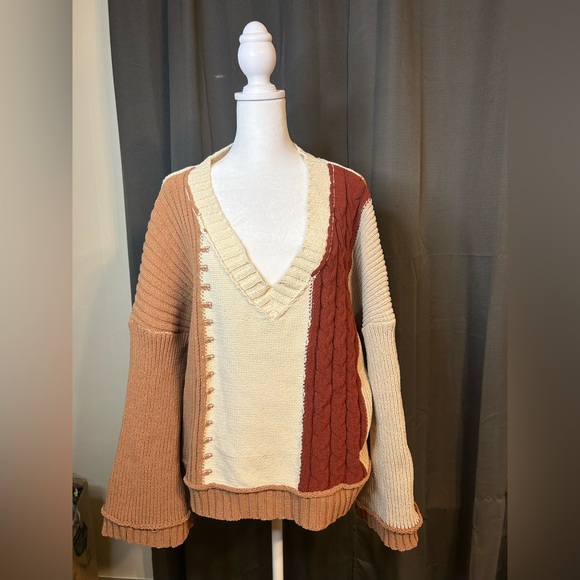 POL V-Neck Sweater in Cream, Tan, and Brown - Picture 1 of 4